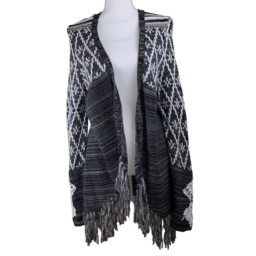 Gimmicks by BKE Women’s Gray White Aztec Boho Fringe Open Cardigan, Size L
